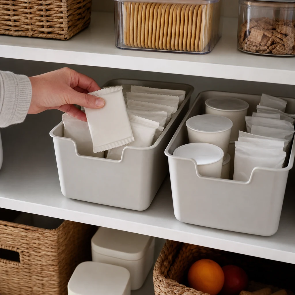 Reachable family snack bins neatly arranged on a lower pantry shelf