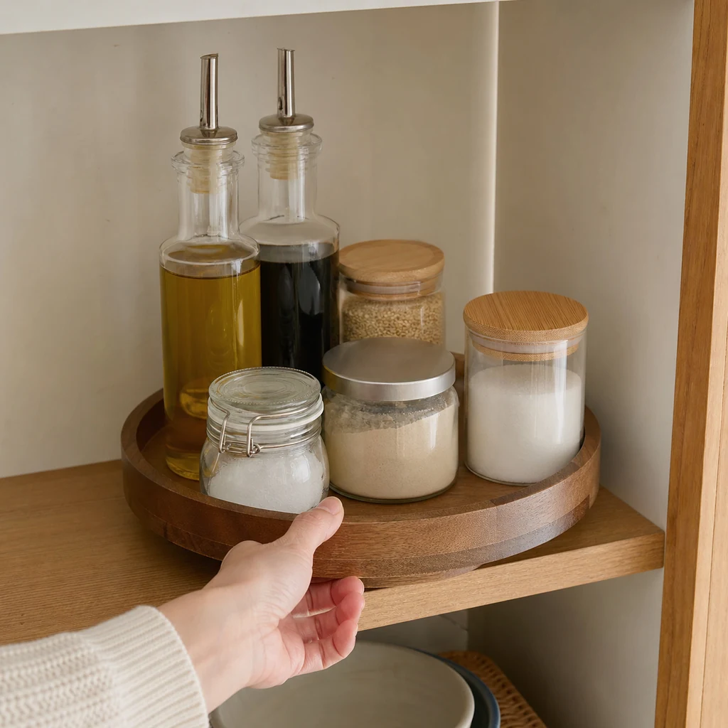 Pantry oils vinegars and condiments arranged on a rimmed rotating turntable