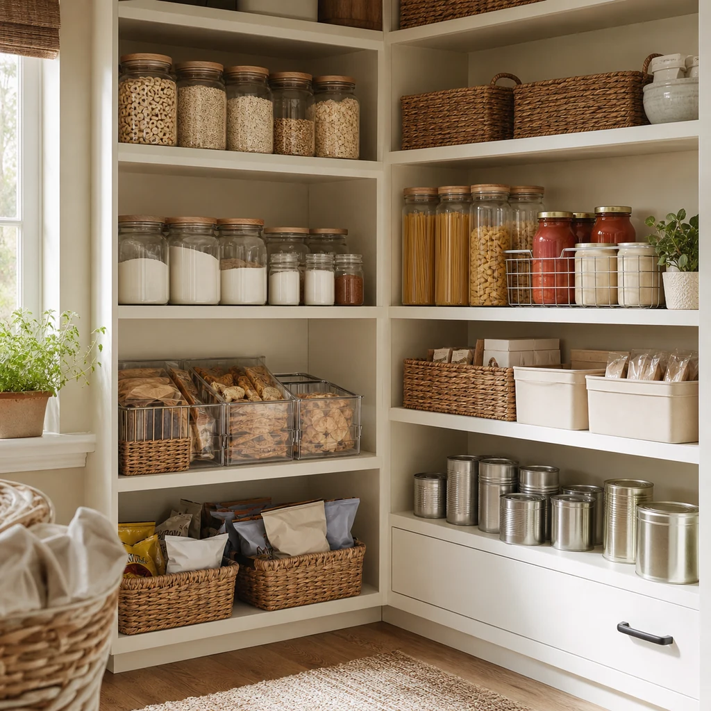 Pantry shelves divided into breakfast baking dinner snack and canned food zones