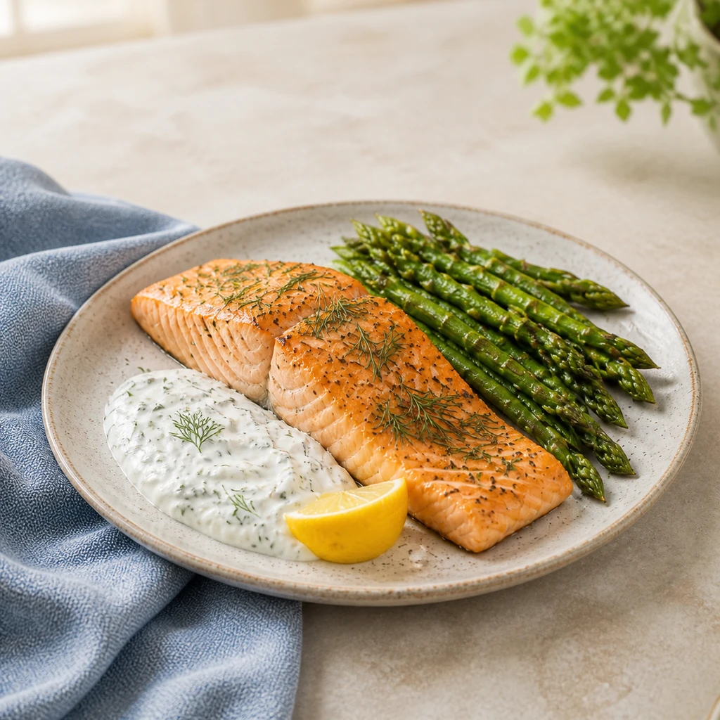 Salmon with dill yogurt sauce and asparagus