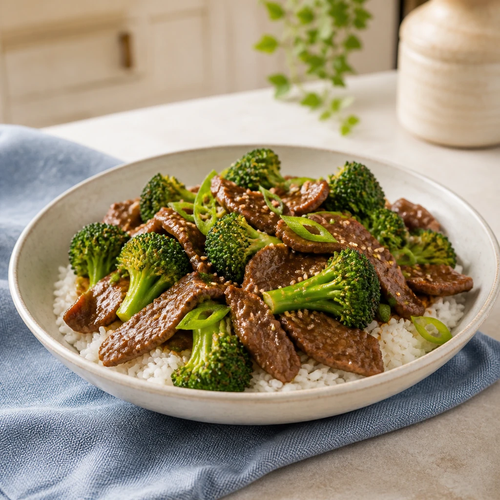 Beef and broccoli stir-fry with rice