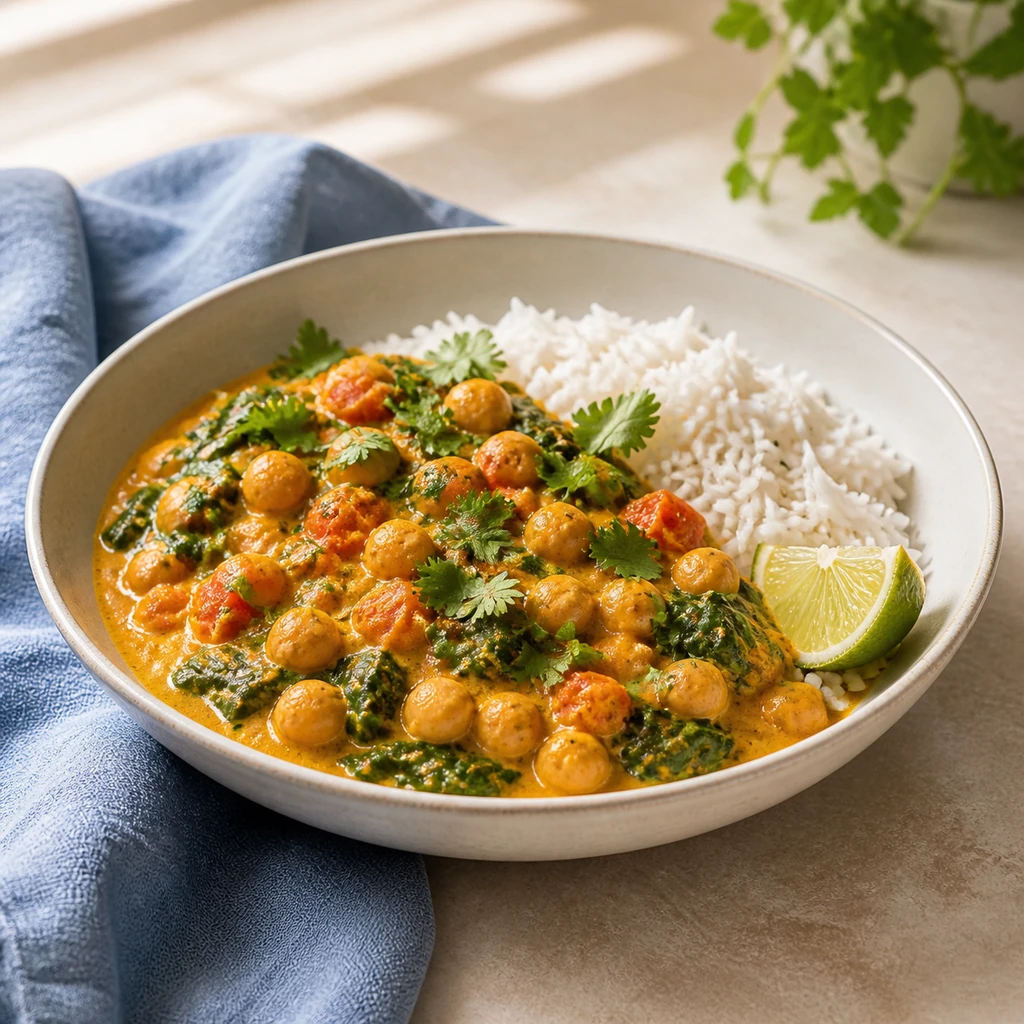 Creamy coconut chickpea and spinach curry