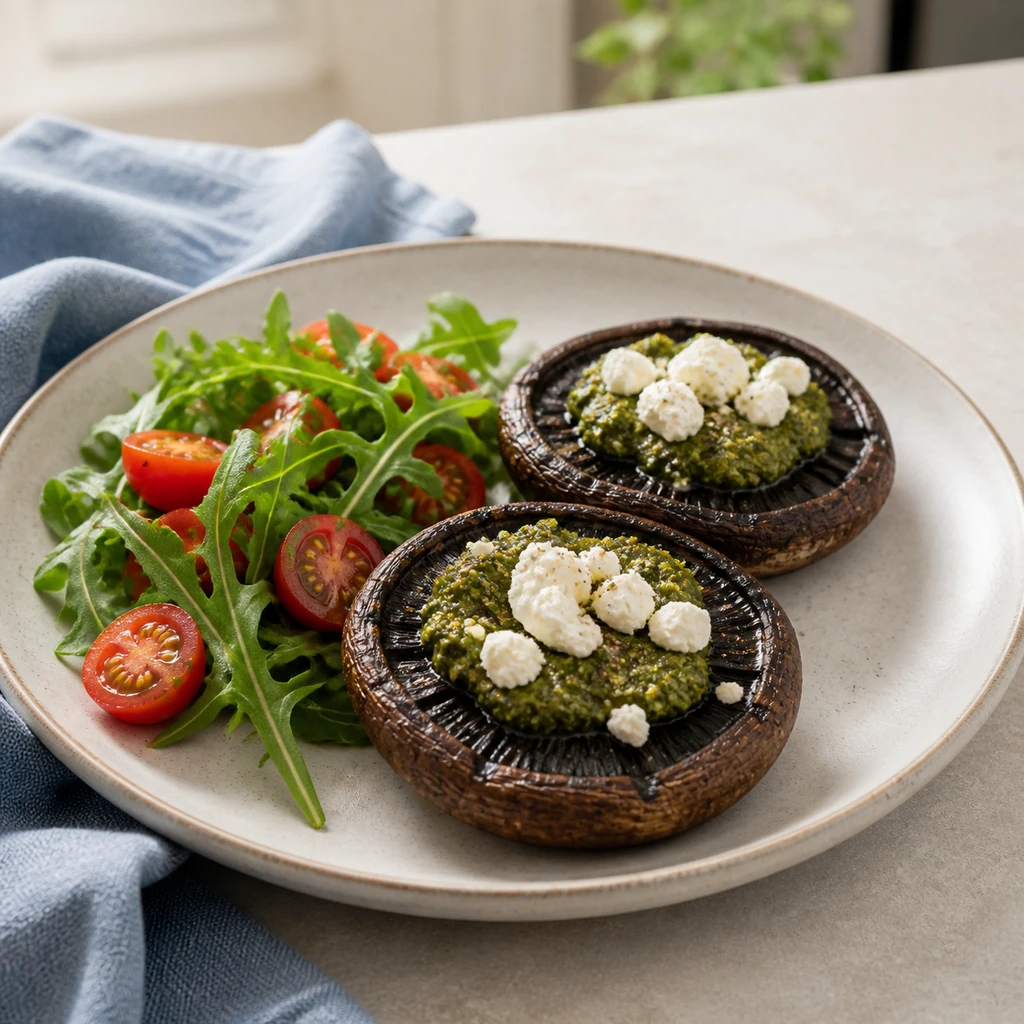 Grilled portobello mushrooms with pesto and goat cheese