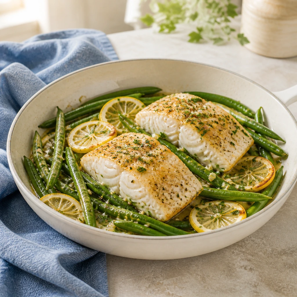 Lemon garlic butter cod with green beans