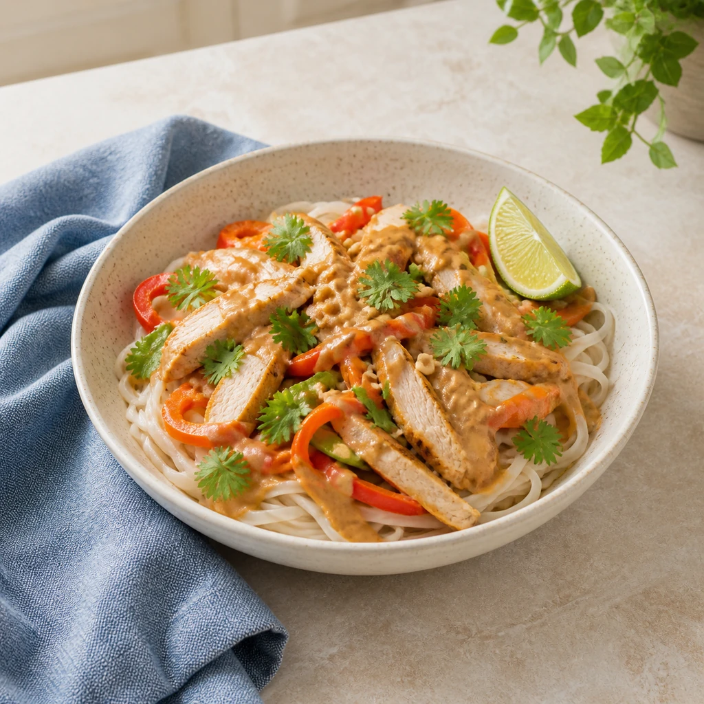 Peanut chicken with gluten-free rice noodles