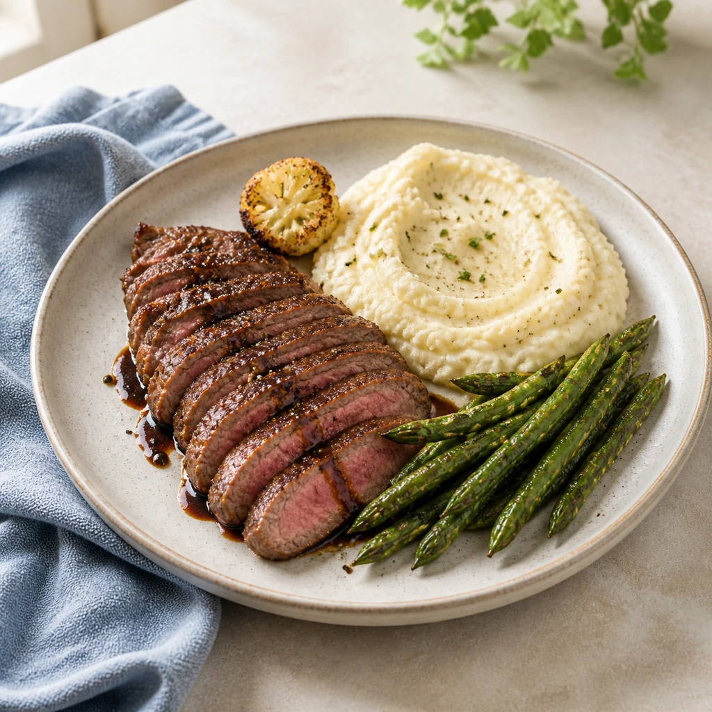 Balsamic glazed steak with garlic mashed cauliflower