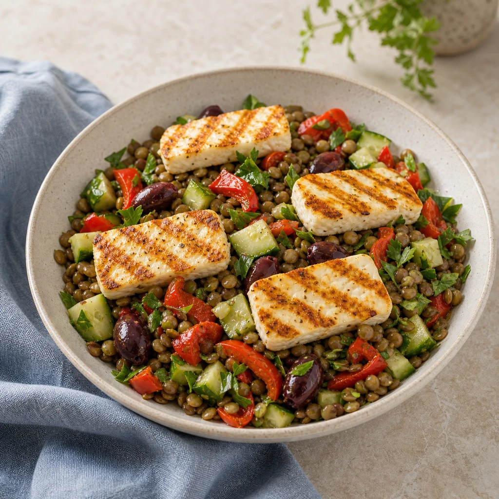 Mediterranean lentil salad with grilled halloumi