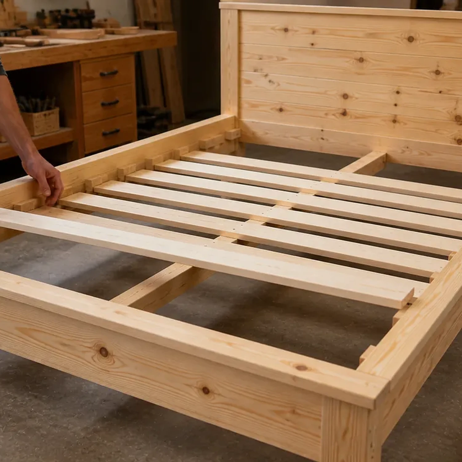 Installing evenly spaced slats on a rustic platform bed frame