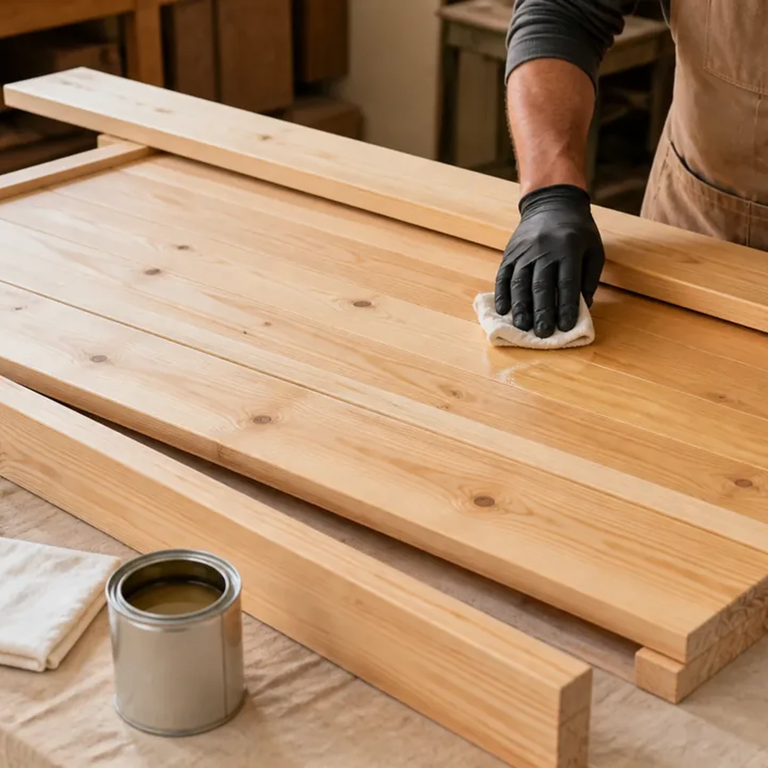 Applying clear finish to sanded wooden bed parts before final assembly