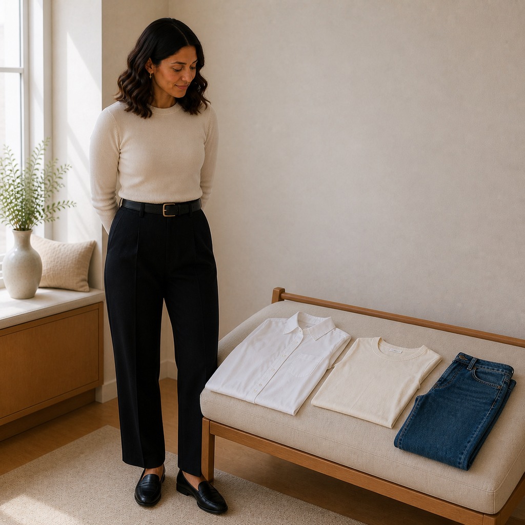 Woman reviewing a white shirt ivory T-shirt and straight jeans on a bench
