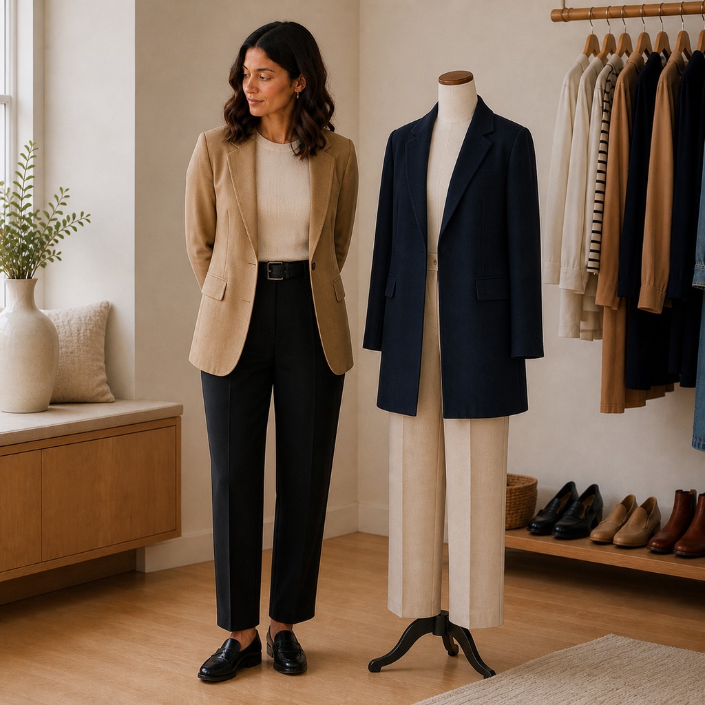 Woman comparing balanced outfit proportions with a dress form