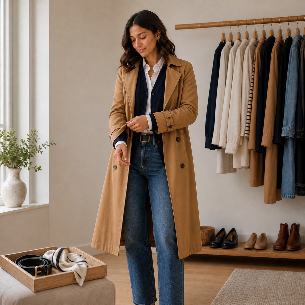 Woman wearing a shirt cardigan and camel trench in layers