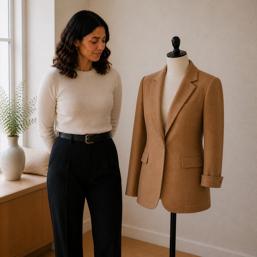 Woman reviewing a tailored camel blazer on a dress form
