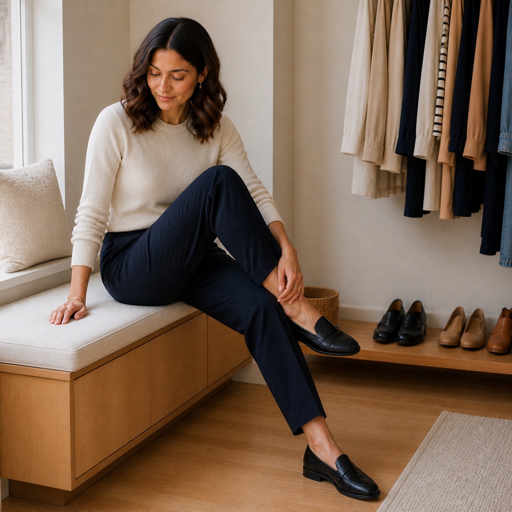 Woman testing comfortable movement in polished clothes