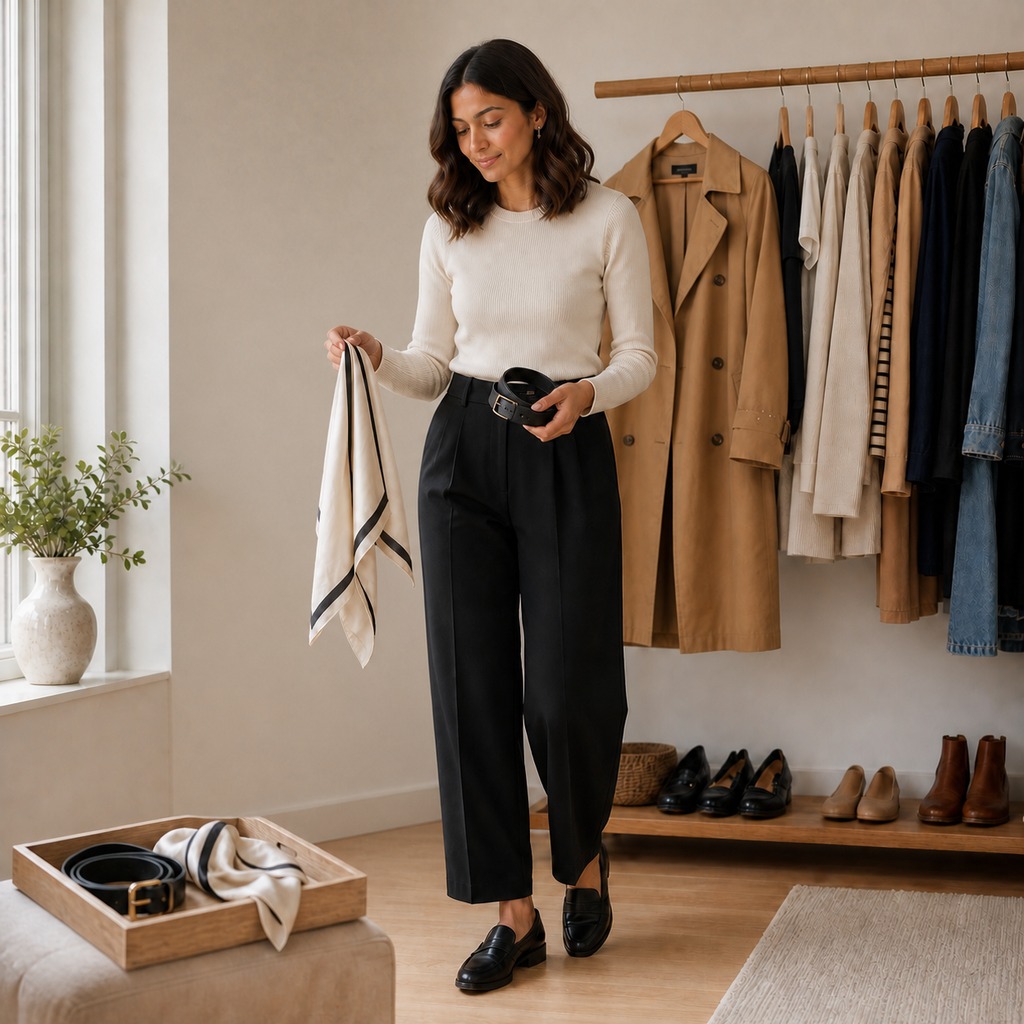 Woman coordinating a silk scarf and black leather belt