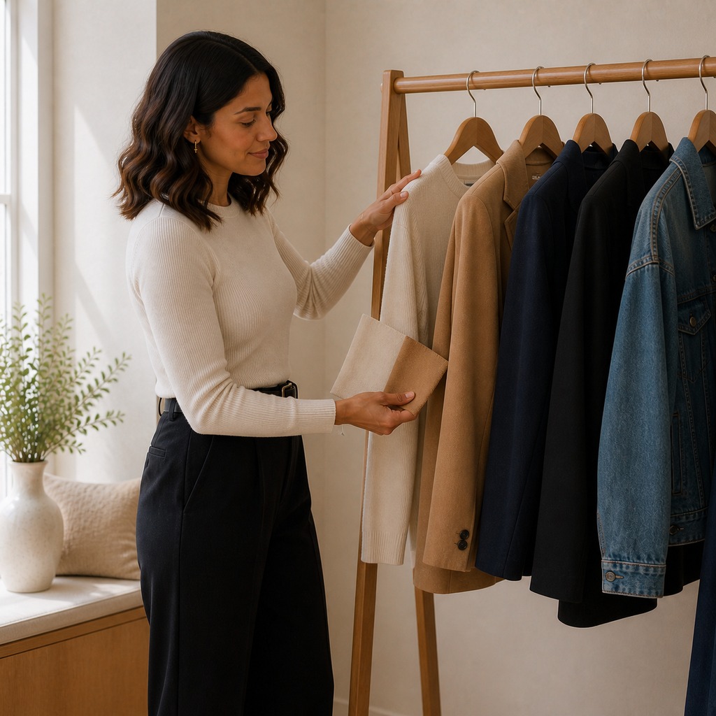 Woman arranging garments in an ivory camel navy black and denim palette