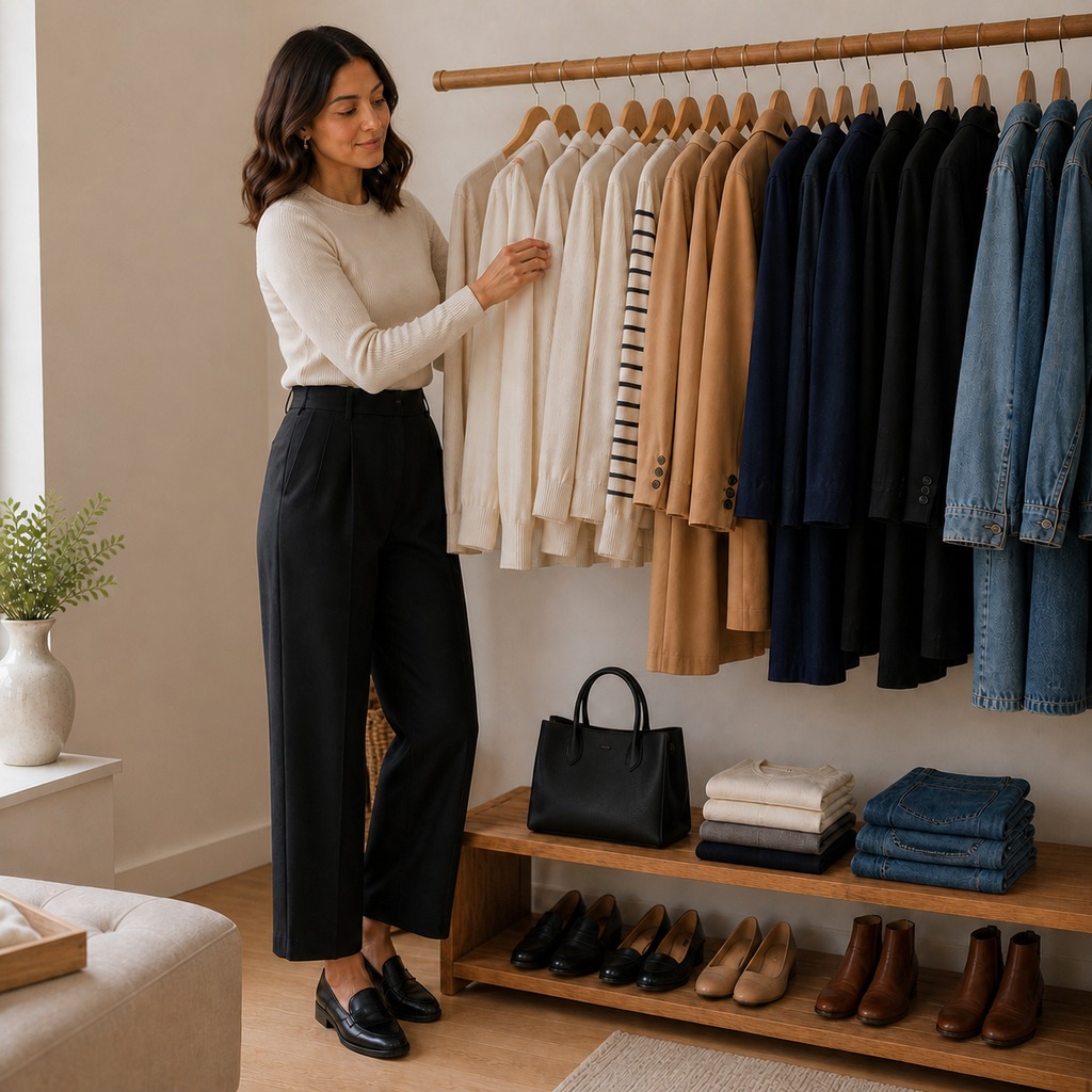 Woman organizing a neutral capsule wardrobe by color