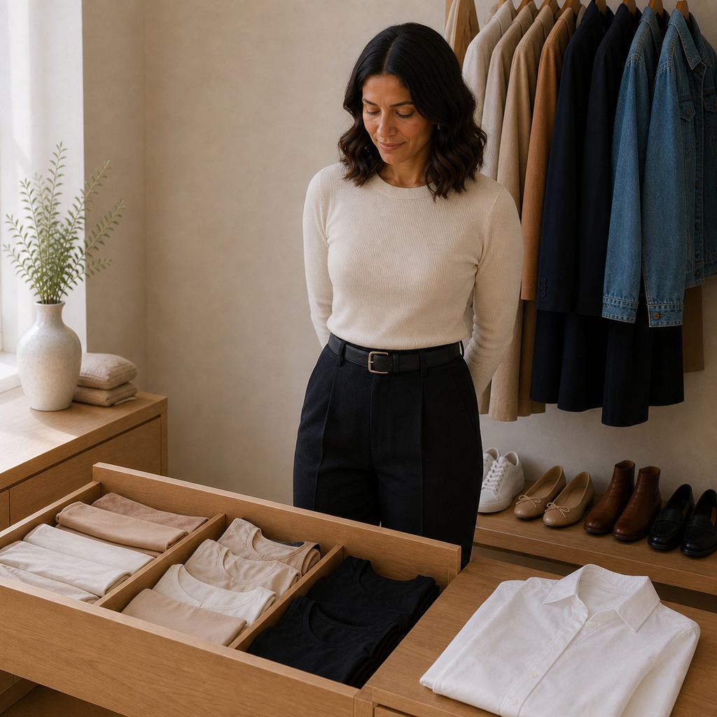 Woman reviewing organized neutral foundation garments beside a white blouse