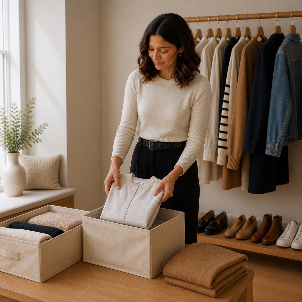 Woman rotating folded clothes into breathable seasonal storage