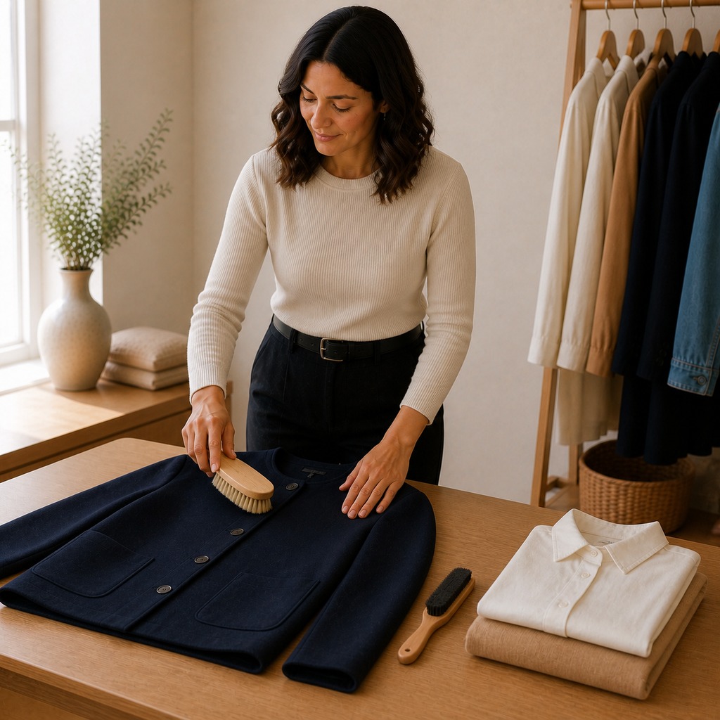 Woman brushing a navy wool coat on an oak table