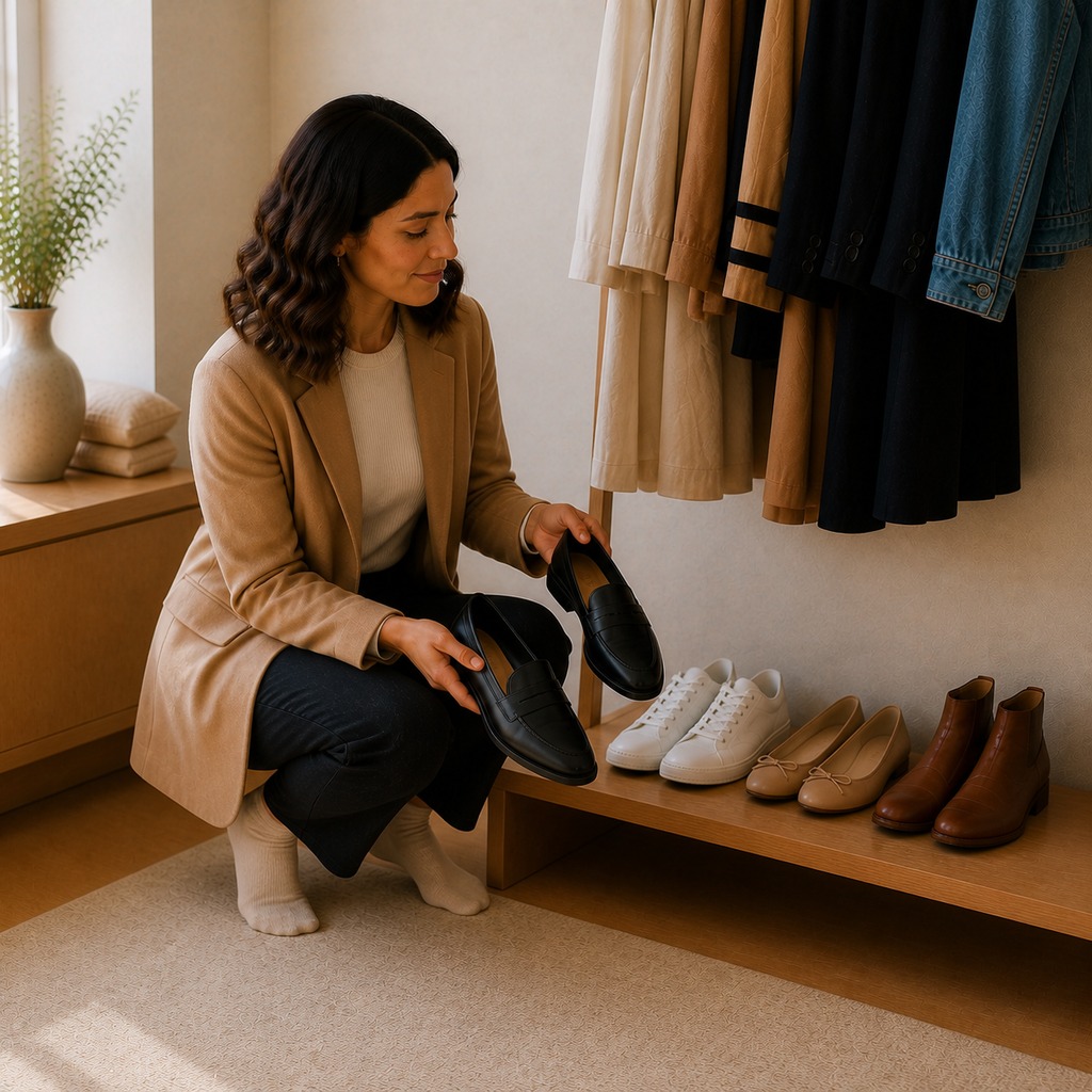 Woman choosing a matched pair of black loafers from a shoe shelf