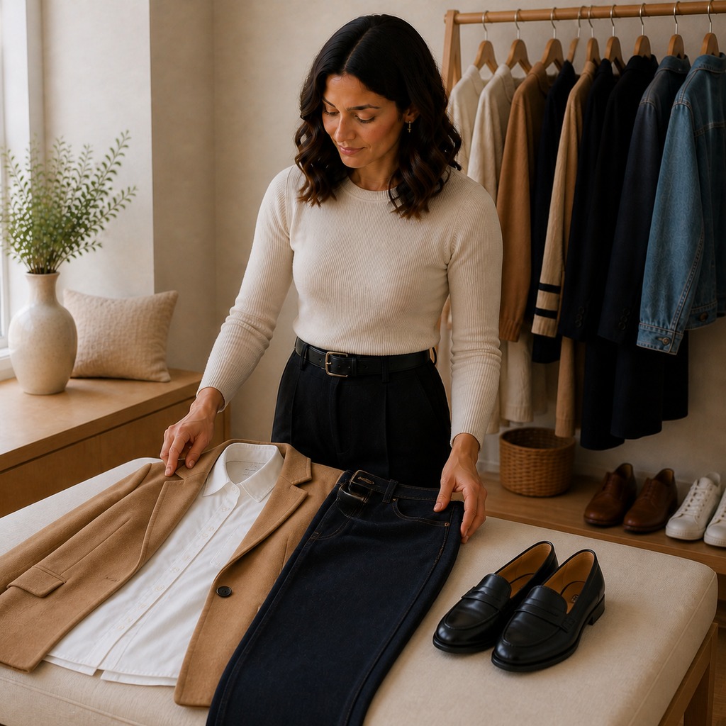 Woman arranging a complete go-to outfit on a bench