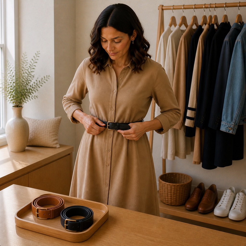 Woman fastening a black belt over a camel shirt dress