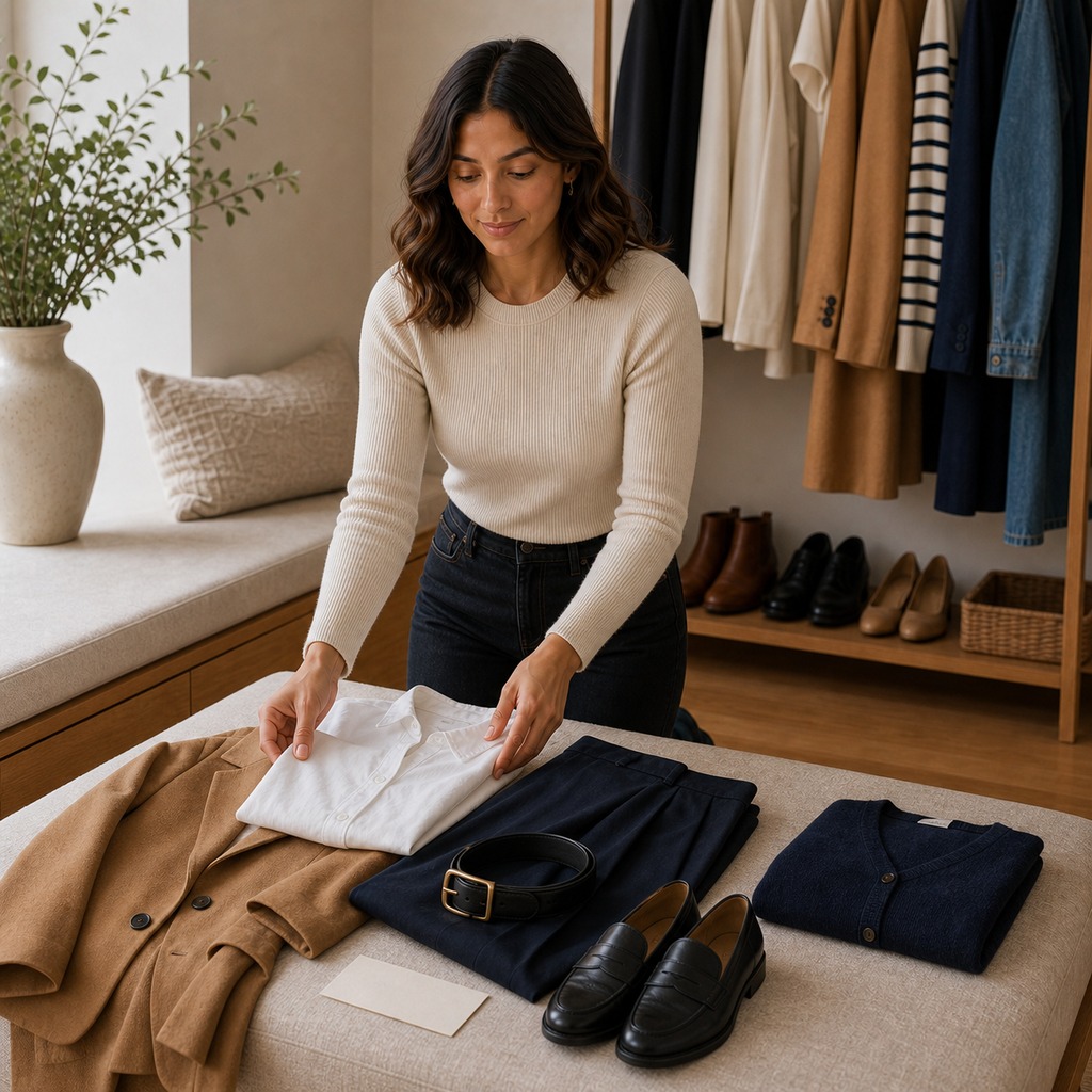 Woman arranging a shirt blazer cardigan belt trousers and loafers