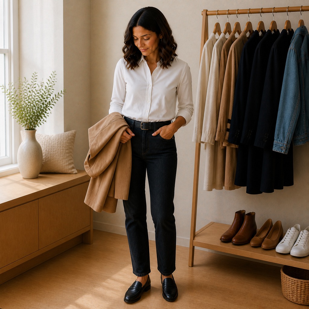 Woman wearing a simple white shirt dark jeans and black loafers