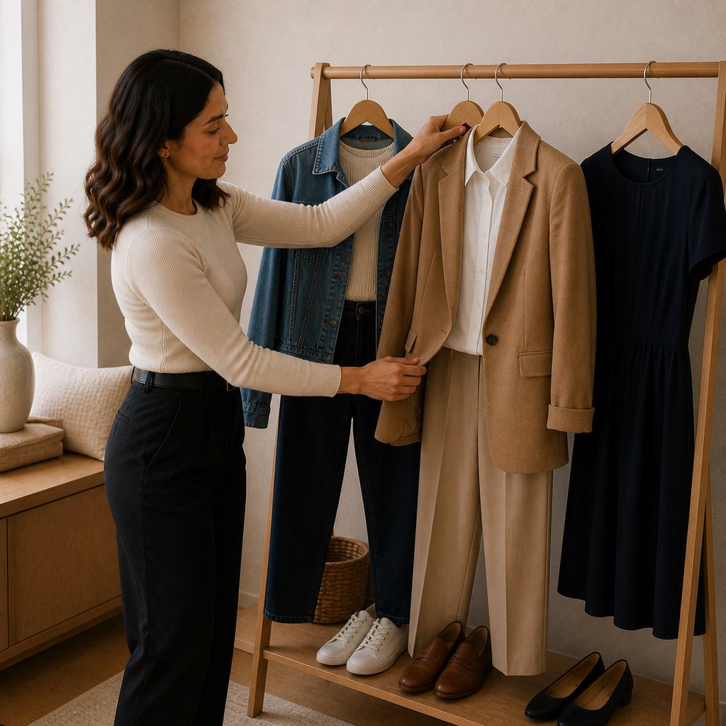 Woman organizing casual professional and occasion outfits