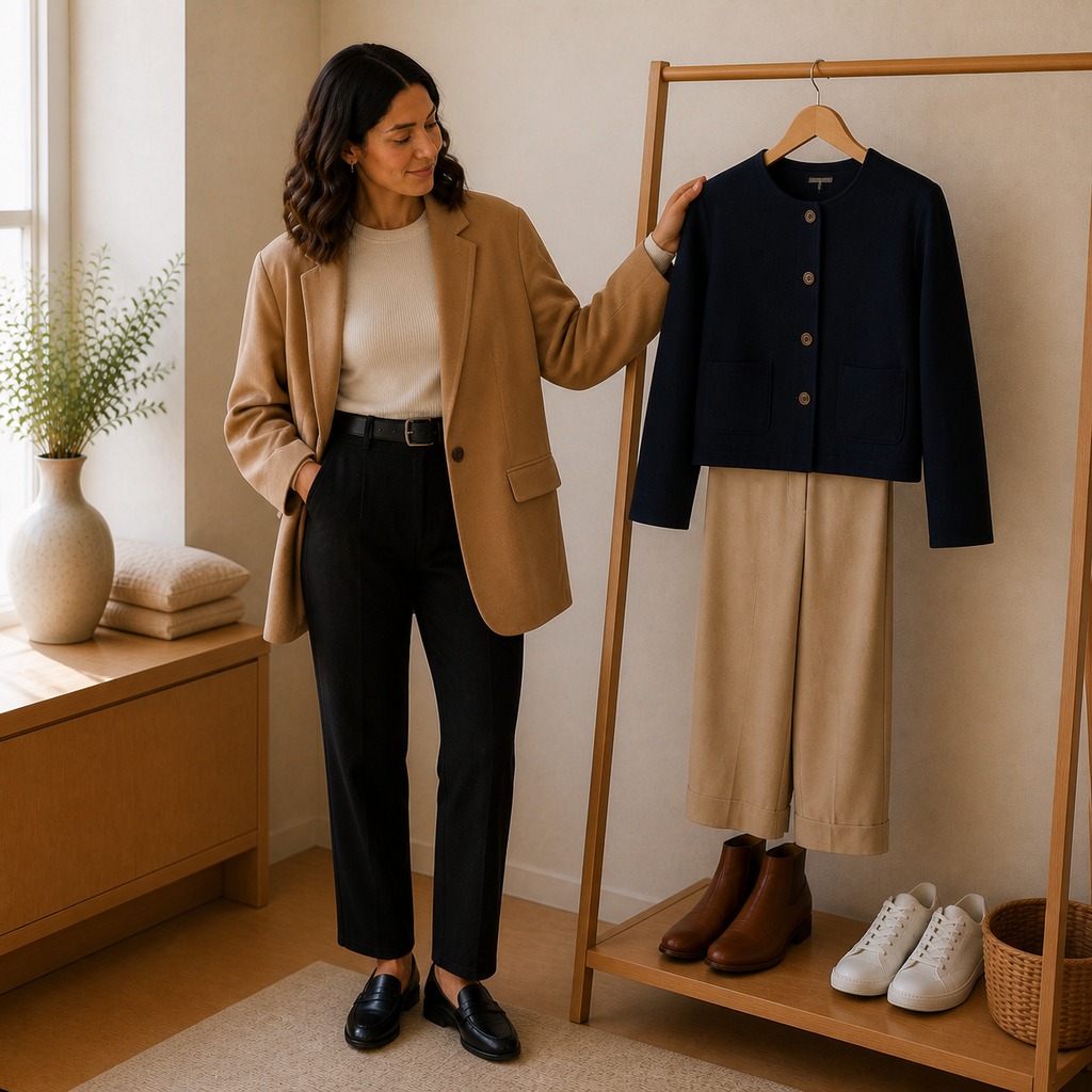 Woman comparing oversized and fitted outfit proportions