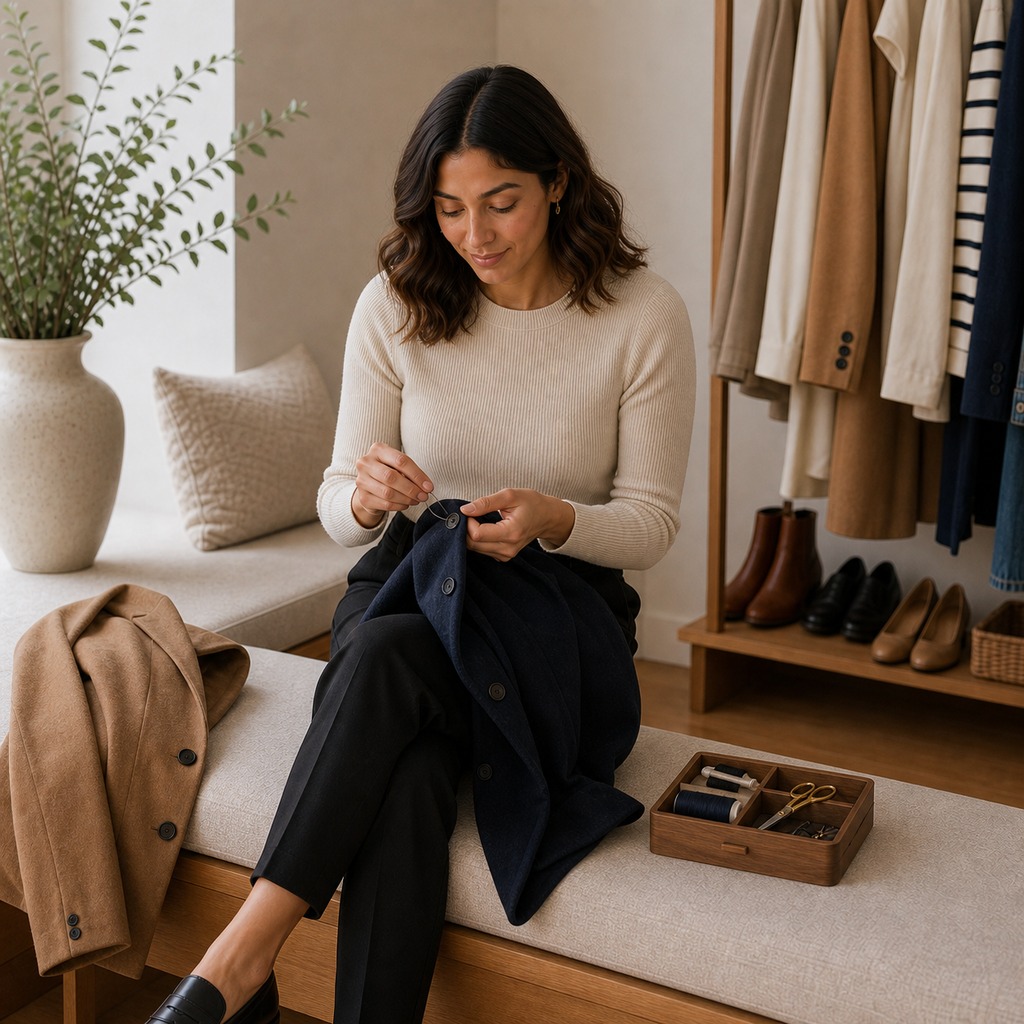 Woman sewing a loose button onto a navy coat