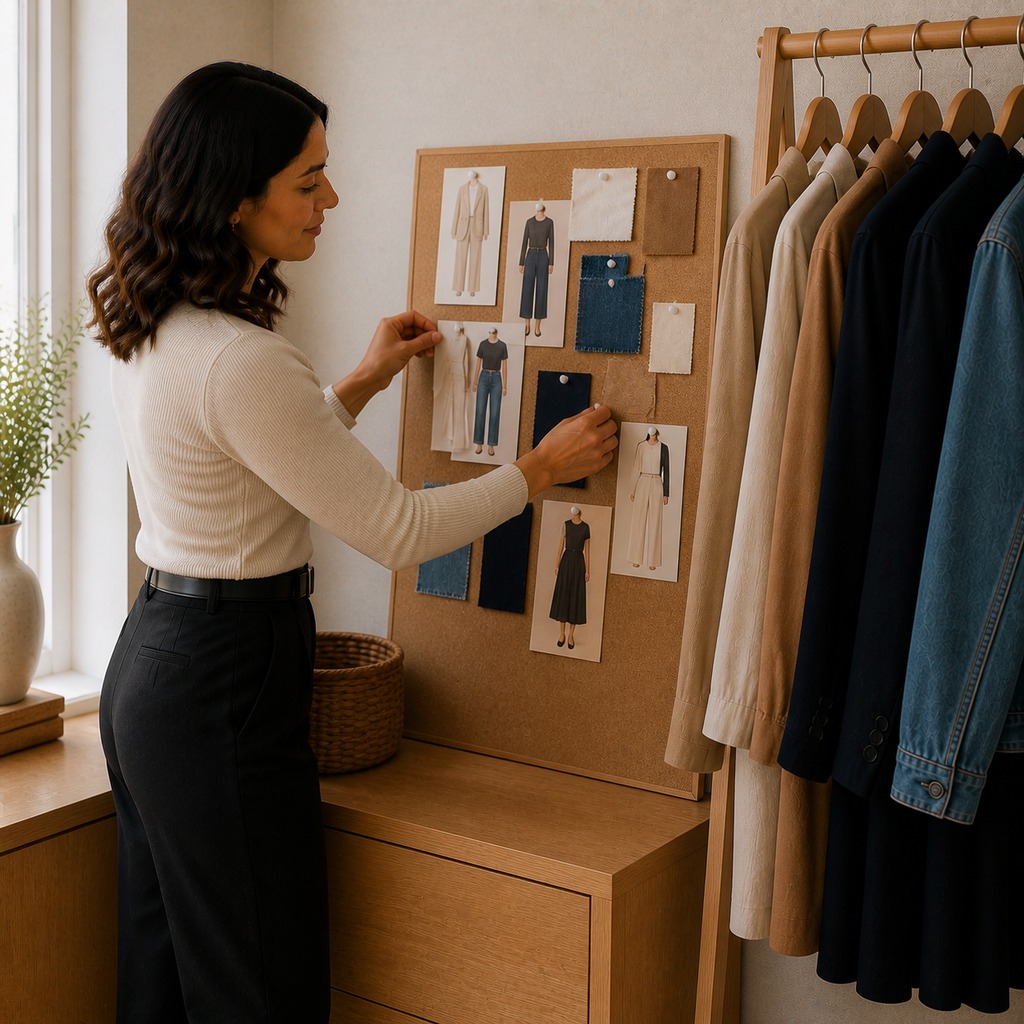 Woman creating a style board with outfit silhouettes and fabric swatches