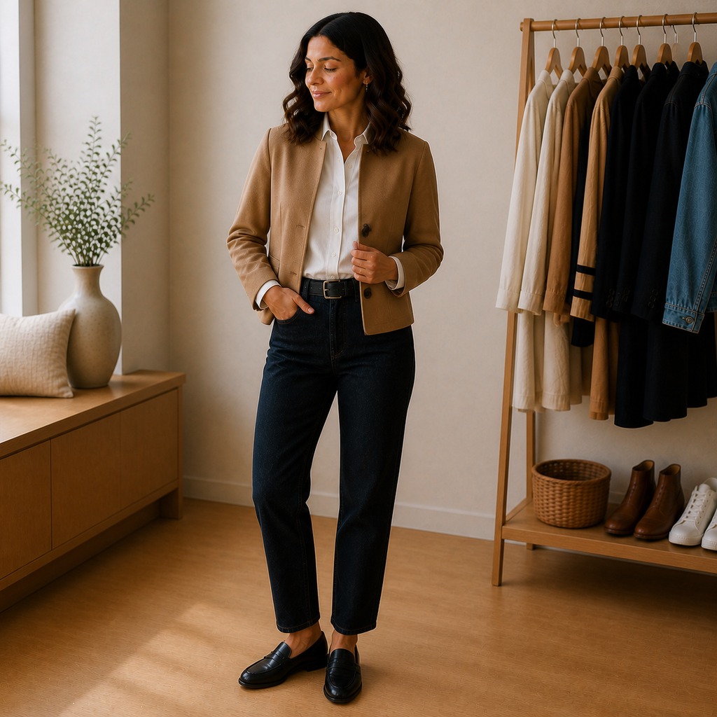 Confident woman wearing a white blouse camel jacket and dark jeans