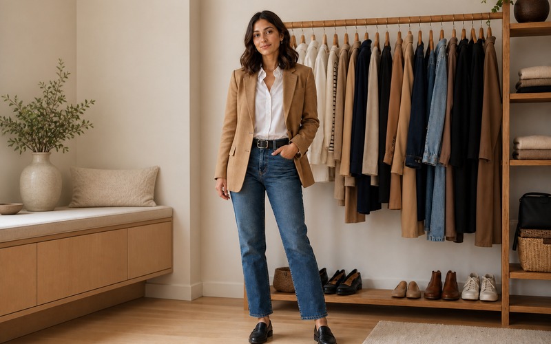 Woman wearing timeless wardrobe basics in an organized capsule closet