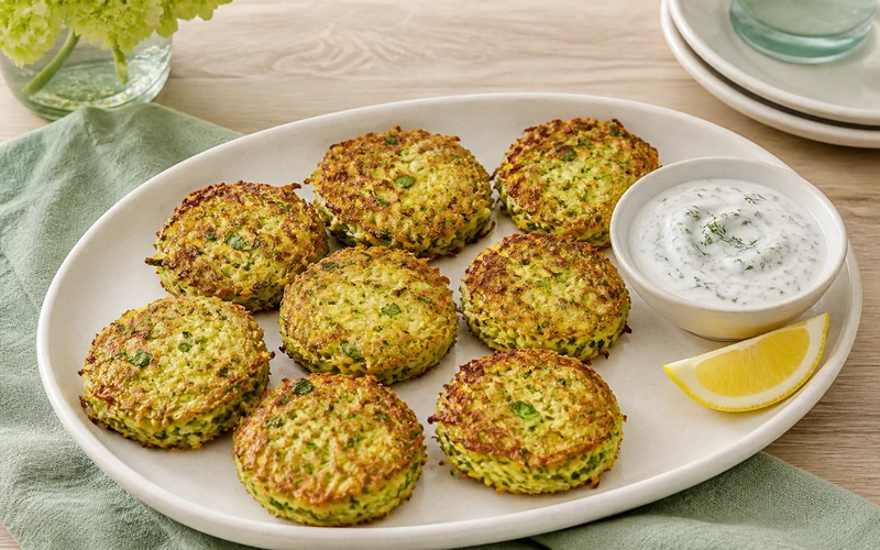 Crispy cabbage fritters served with yogurt dill sauce