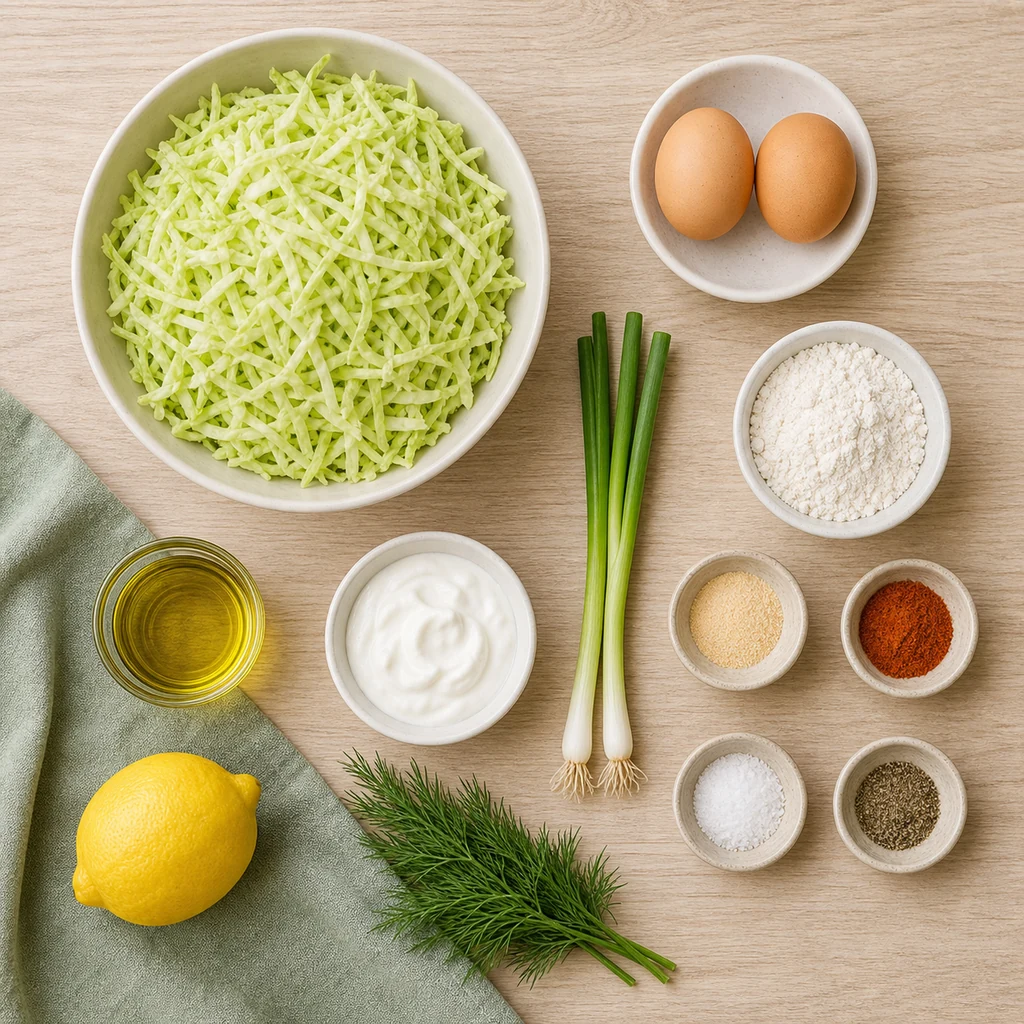 Ingredients for cabbage fritters and yogurt dill sauce