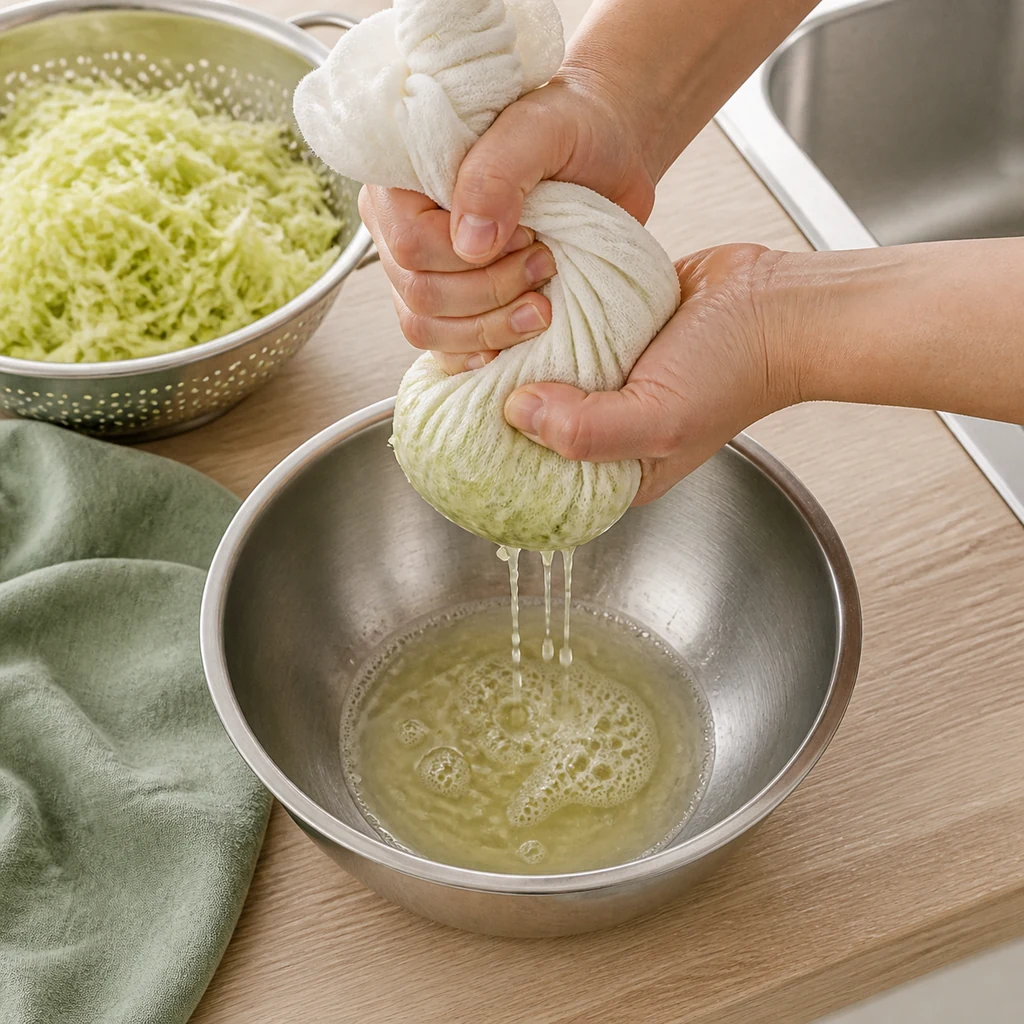 Salted shredded cabbage being squeezed dry in a kitchen towel