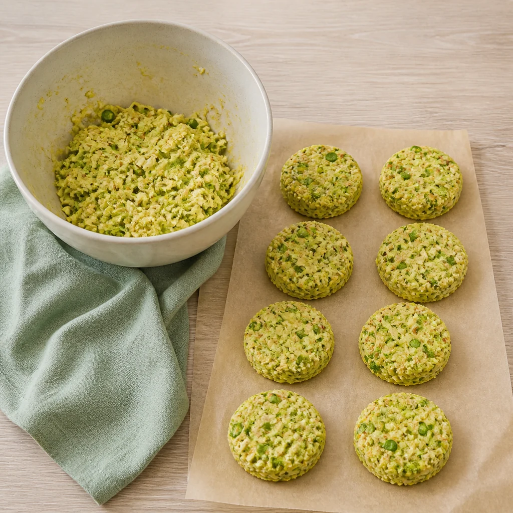 Cabbage fritter mixture divided into eight equal portions