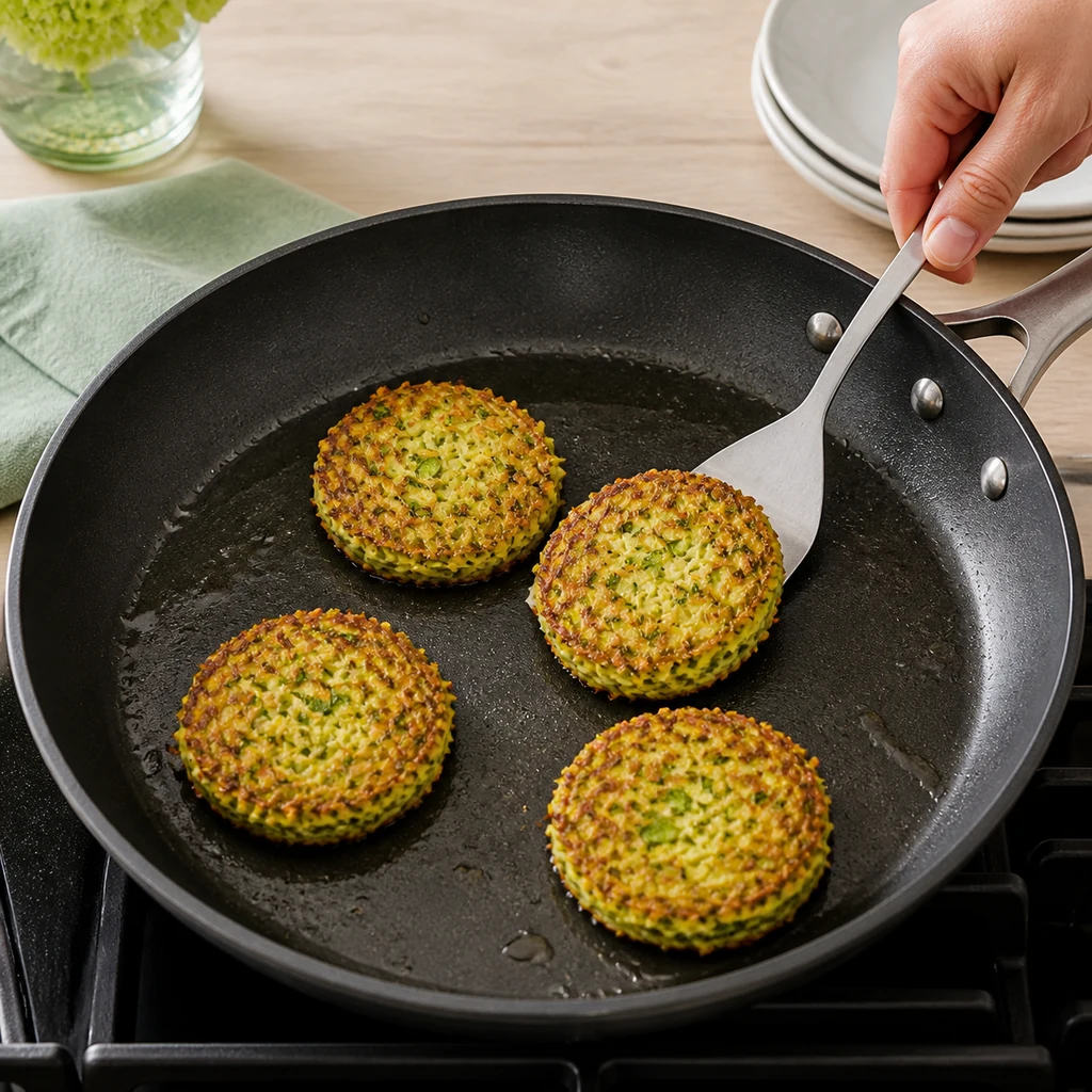 Four cabbage fritters frying in a skillet until golden