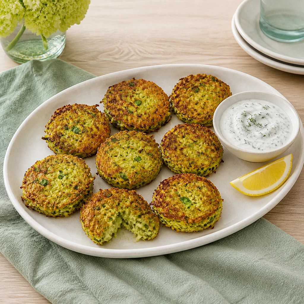 Stack of crispy cabbage fritters beside yogurt dill sauce
