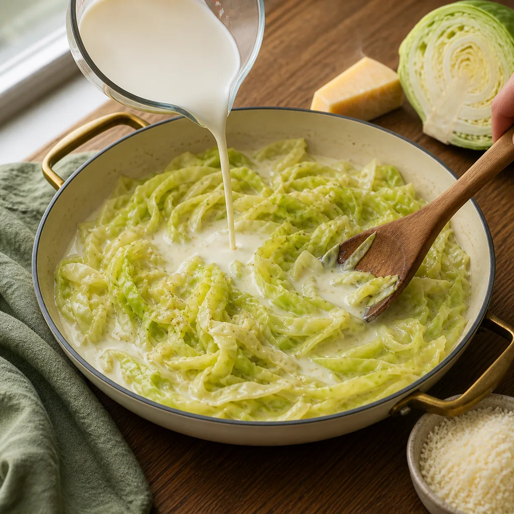 Heavy cream poured into tender cabbage ribbons before adding Parmesan.