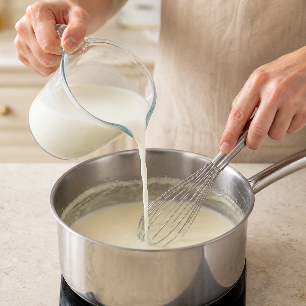 Warm milk being poured gradually into roux while whisking