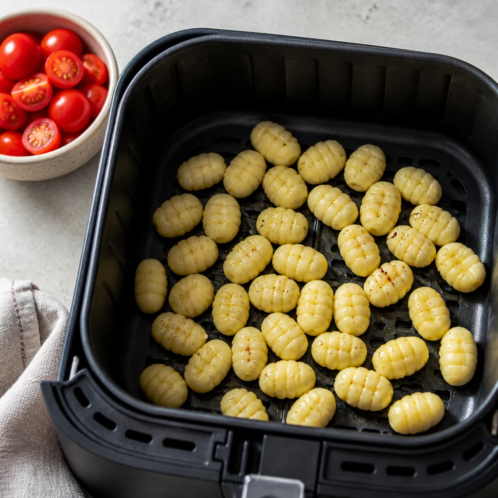Seasoned potato gnocchi arranged in an air fryer basket before cooking