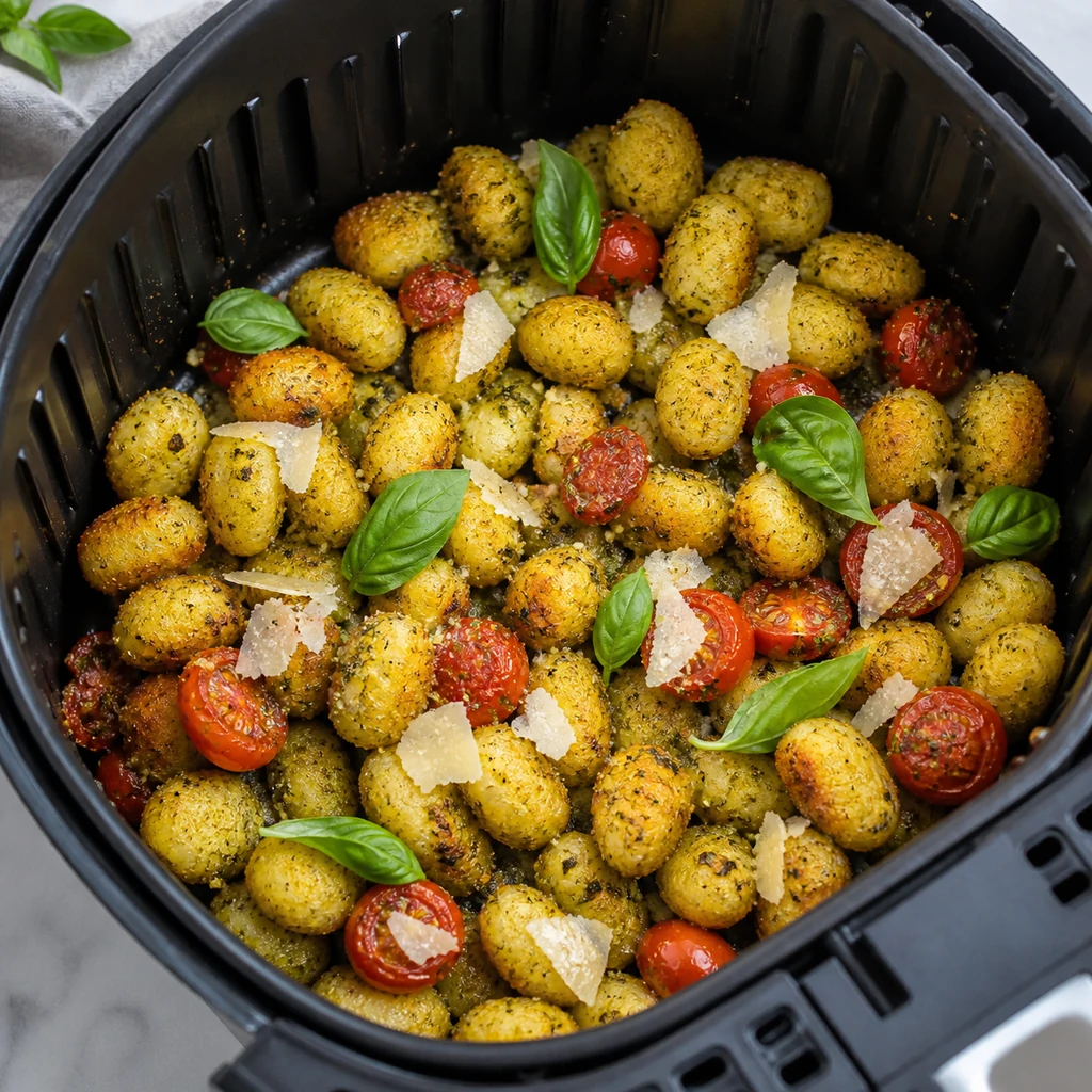Crispy air fryer gnocchi with pesto tomatoes parmesan and basil in the basket