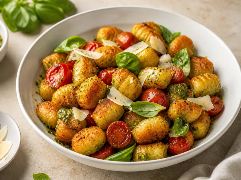 Air fryer crispy gnocchi with pesto cherry tomatoes parmesan and basil