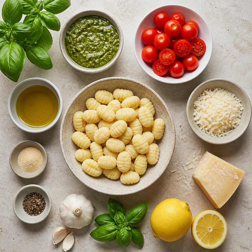 Ingredients for air fryer crispy gnocchi with pesto arranged on a pale counter