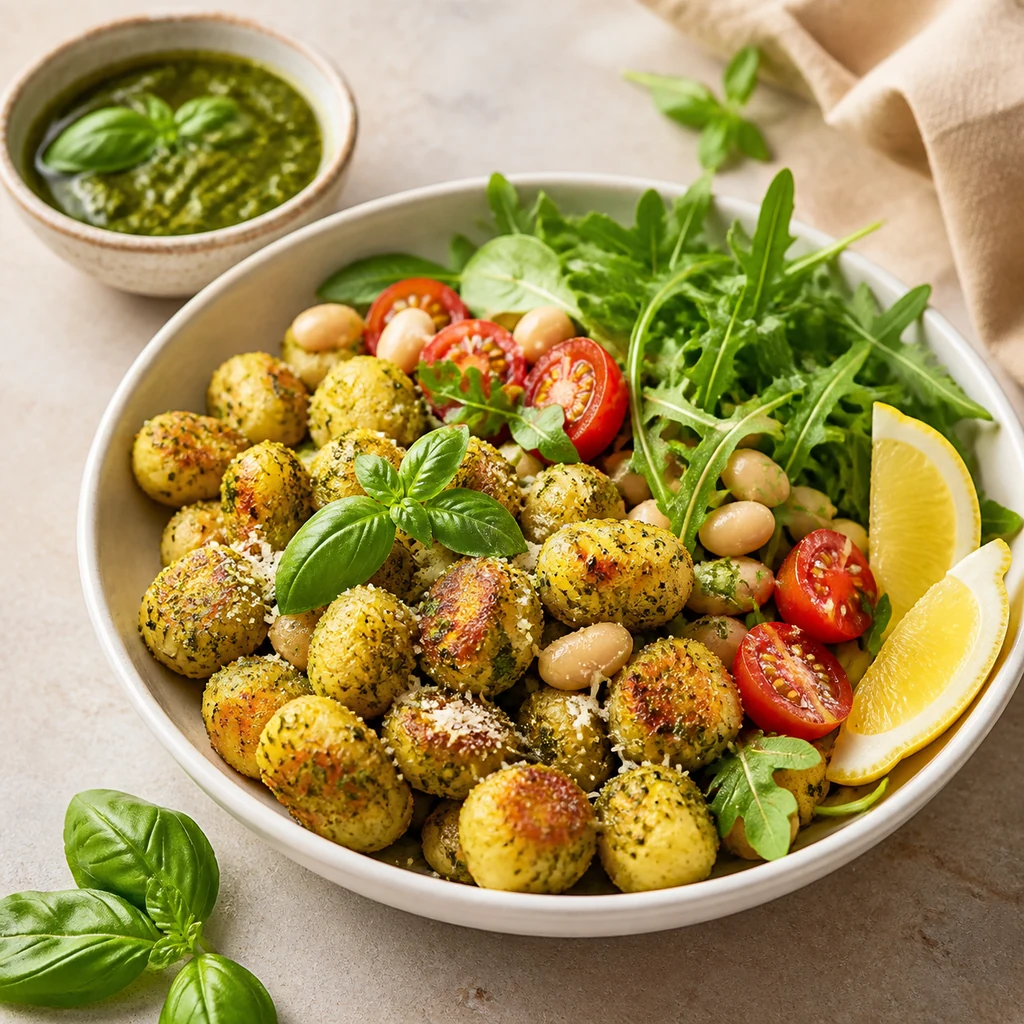 Crispy pesto gnocchi served with arugula white beans tomatoes basil lemon and extra pesto