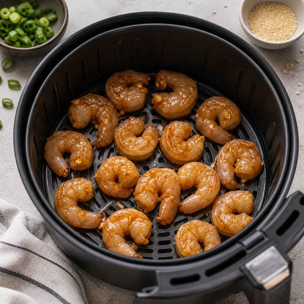 Honey garlic shrimp arranged in an air fryer basket before cooking