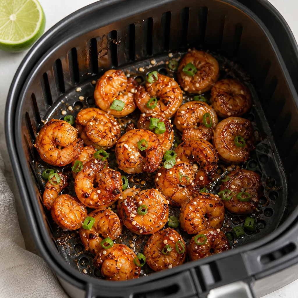 Cooked air fryer honey garlic shrimp bites with scallions and sesame seeds